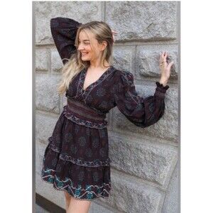 NWT SEA NY Ellabeth Size 8 Boho V-Neck Brown Cotton Blend Long Sleeve Dress  New